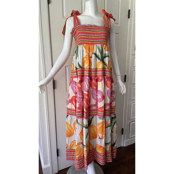 House Of Harlow 1960 Revolve Tropical Fruit Colorful Smocked Tiered Maxi Dress L - Picture 2 of 13
